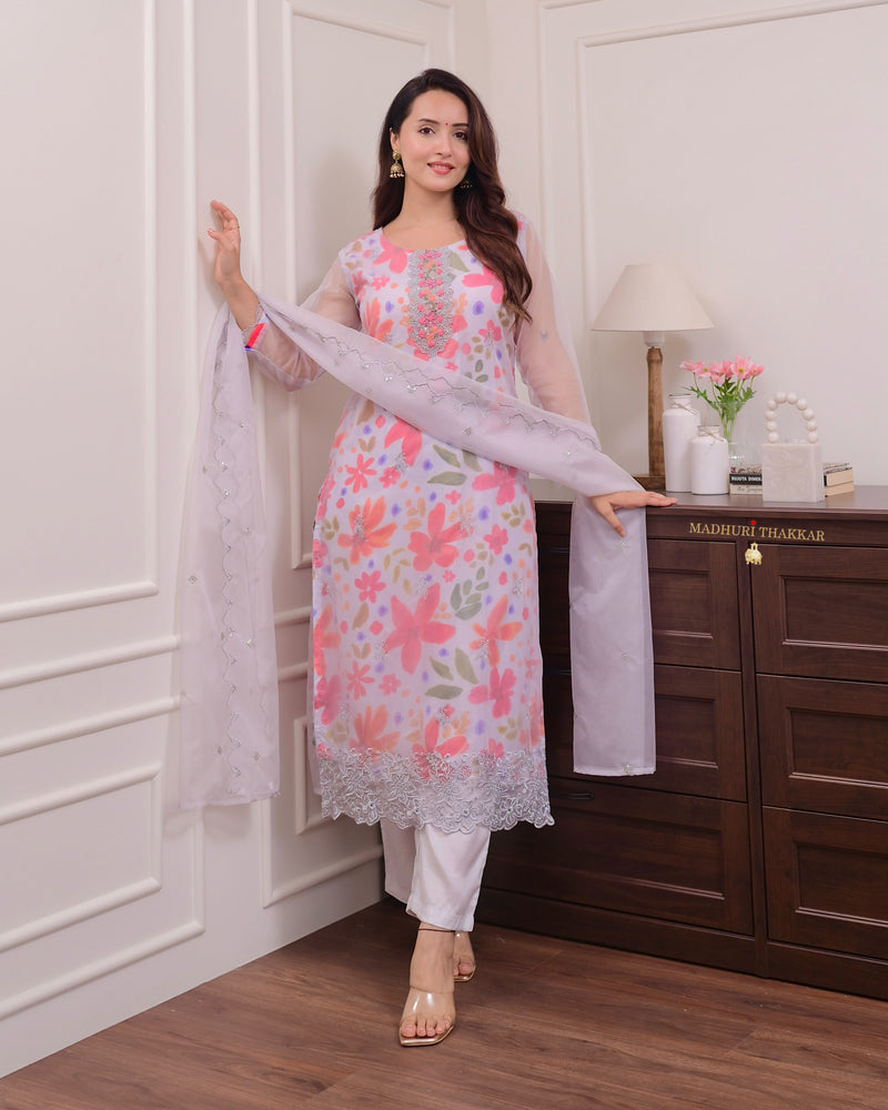 Grey Floral Handwork Organza Suit