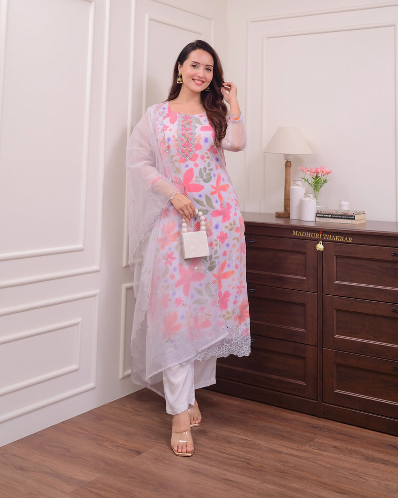 Grey Floral Handwork Organza Suit