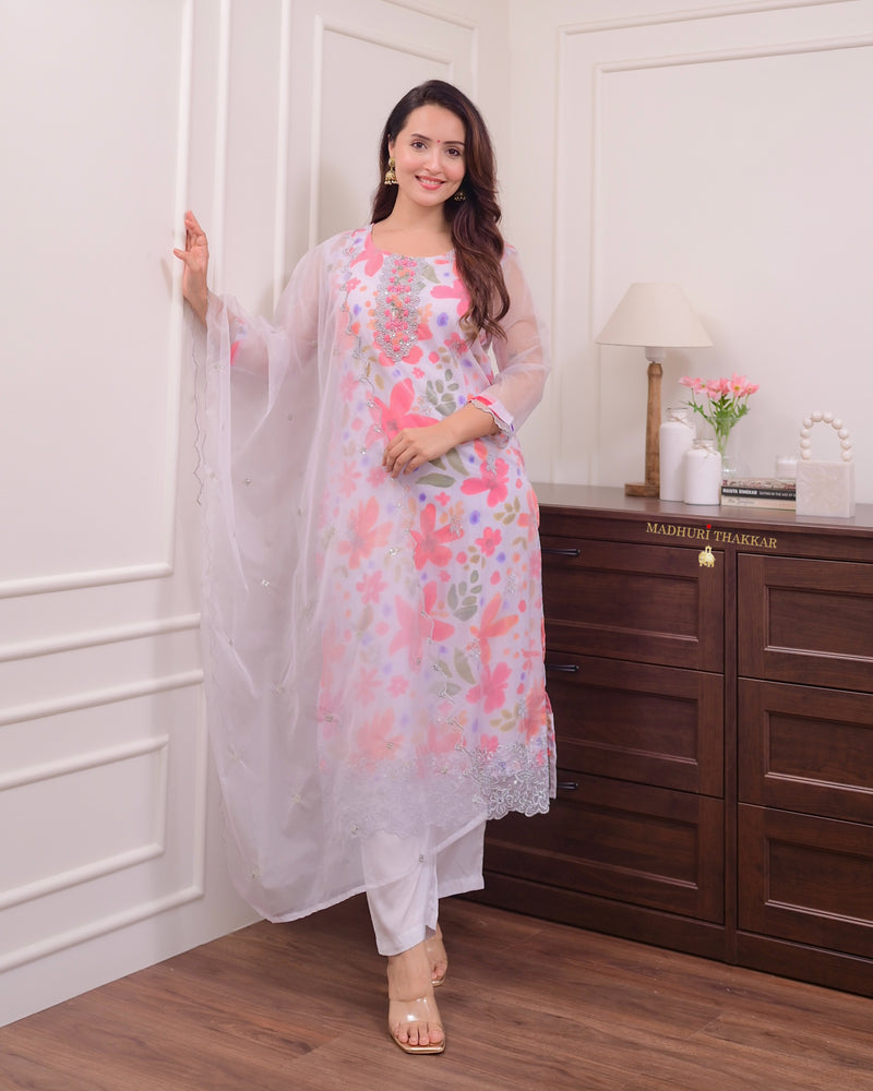 Grey Floral Handwork Organza Suit