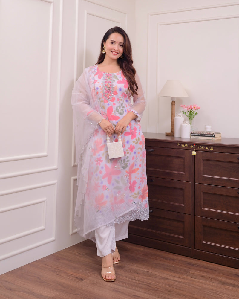 Grey Floral Handwork Organza Suit