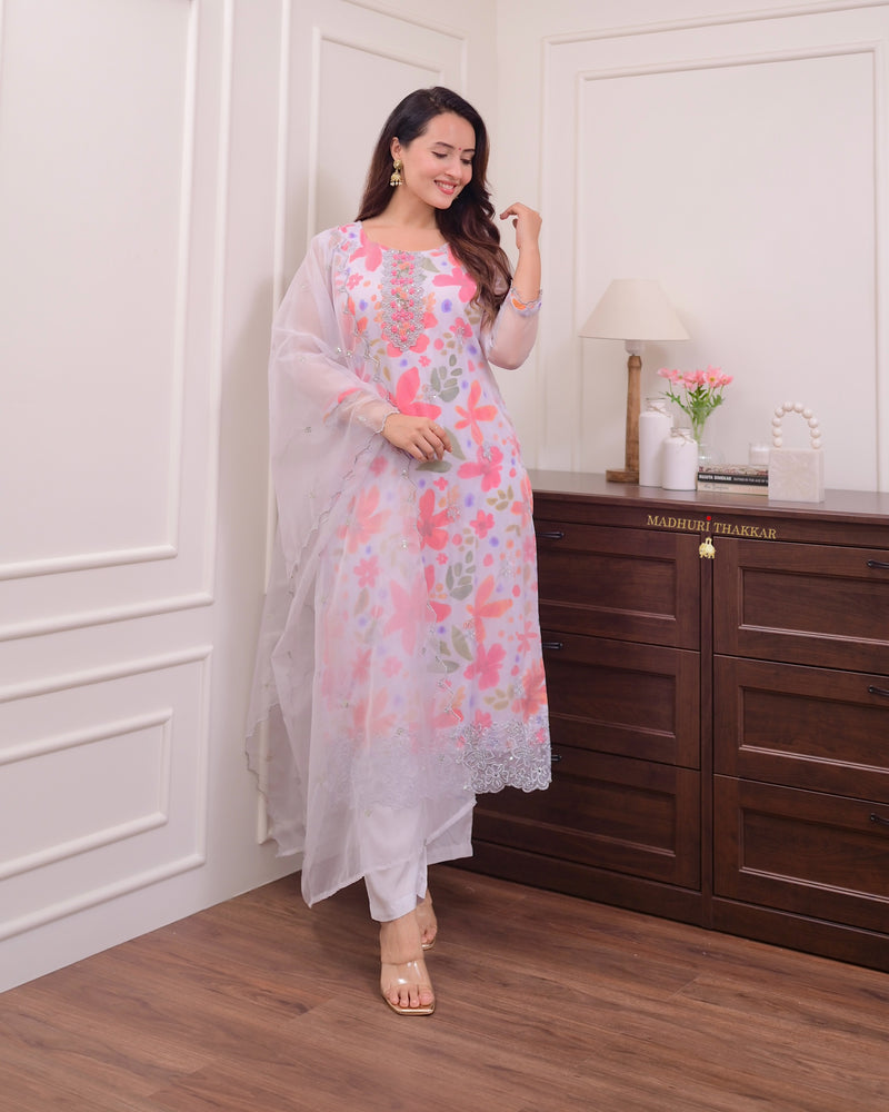 Grey Floral Handwork Organza Suit Label Madhuri Thakkar