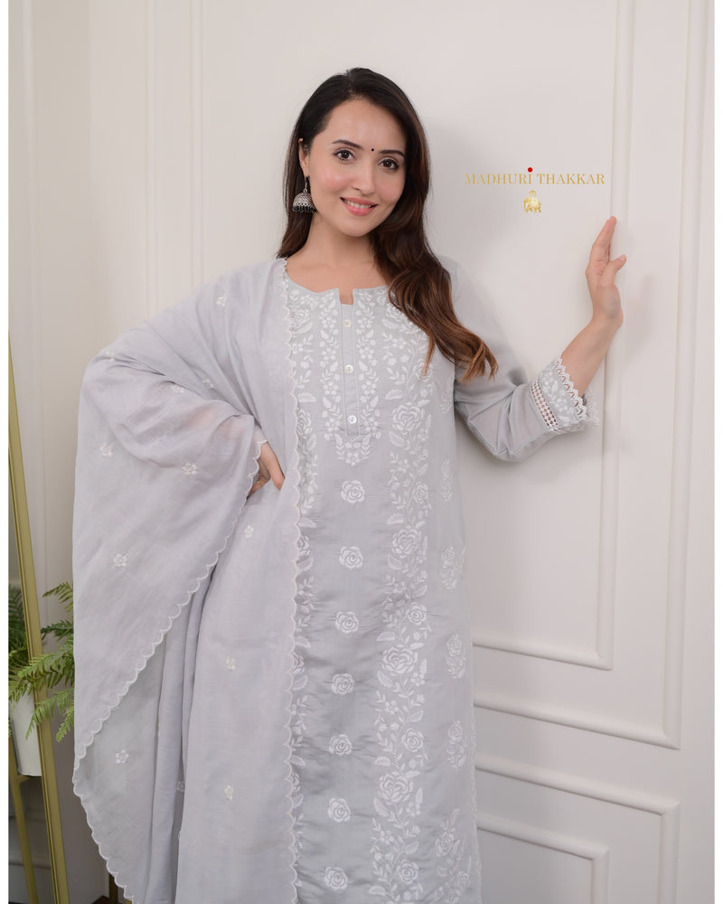Grey Chikankari Mul Cotton Suit
