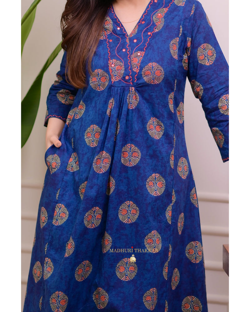Navy Blue Printed Kantha Cotton Palazzo Set