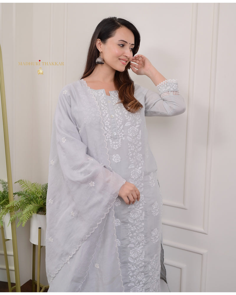 Grey Chikankari Mul Cotton Suit