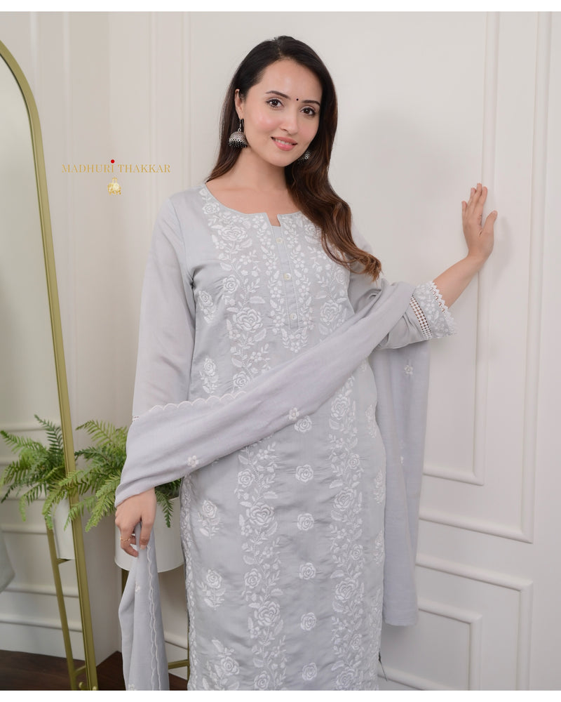 Grey Chikankari Mul Cotton Suit