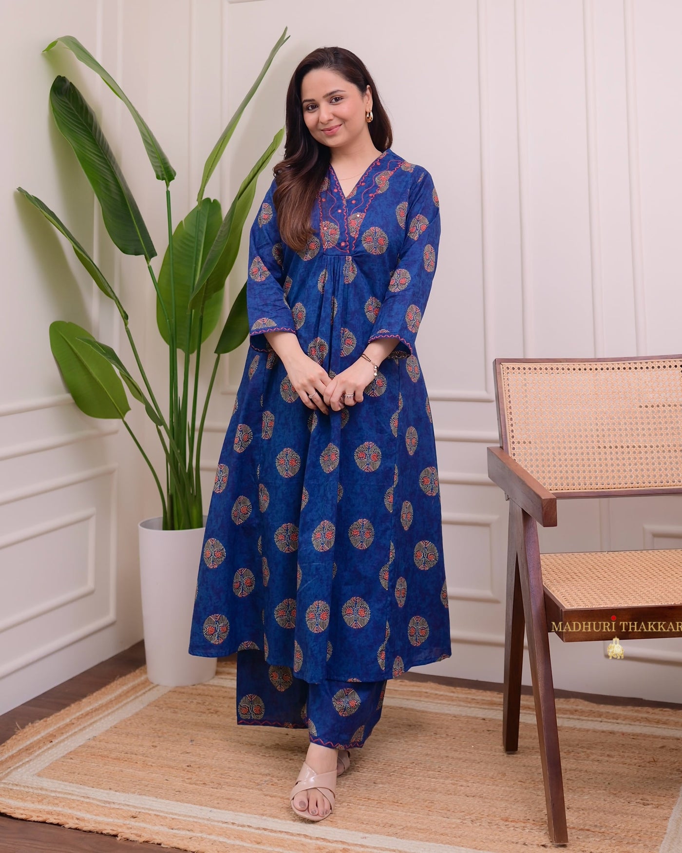Navy Blue Printed Kantha Cotton Palazzo Set
