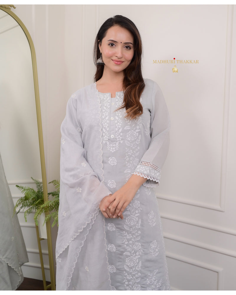 Grey Chikankari Mul Cotton Suit