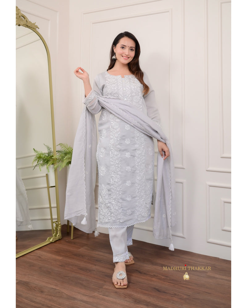 Grey Chikankari Mul Cotton Suit