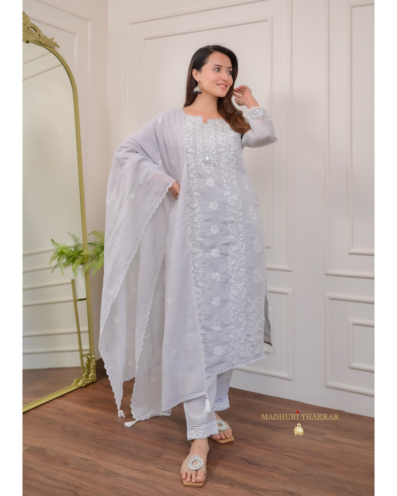 Grey Chikankari Mul Cotton Suit