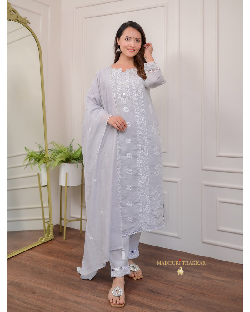 Grey Chikankari Mul Cotton Suit