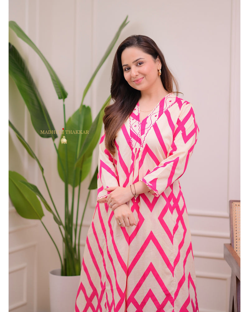 Ivory Pink Zig-Zag Kantha Cotton Palazzo Set