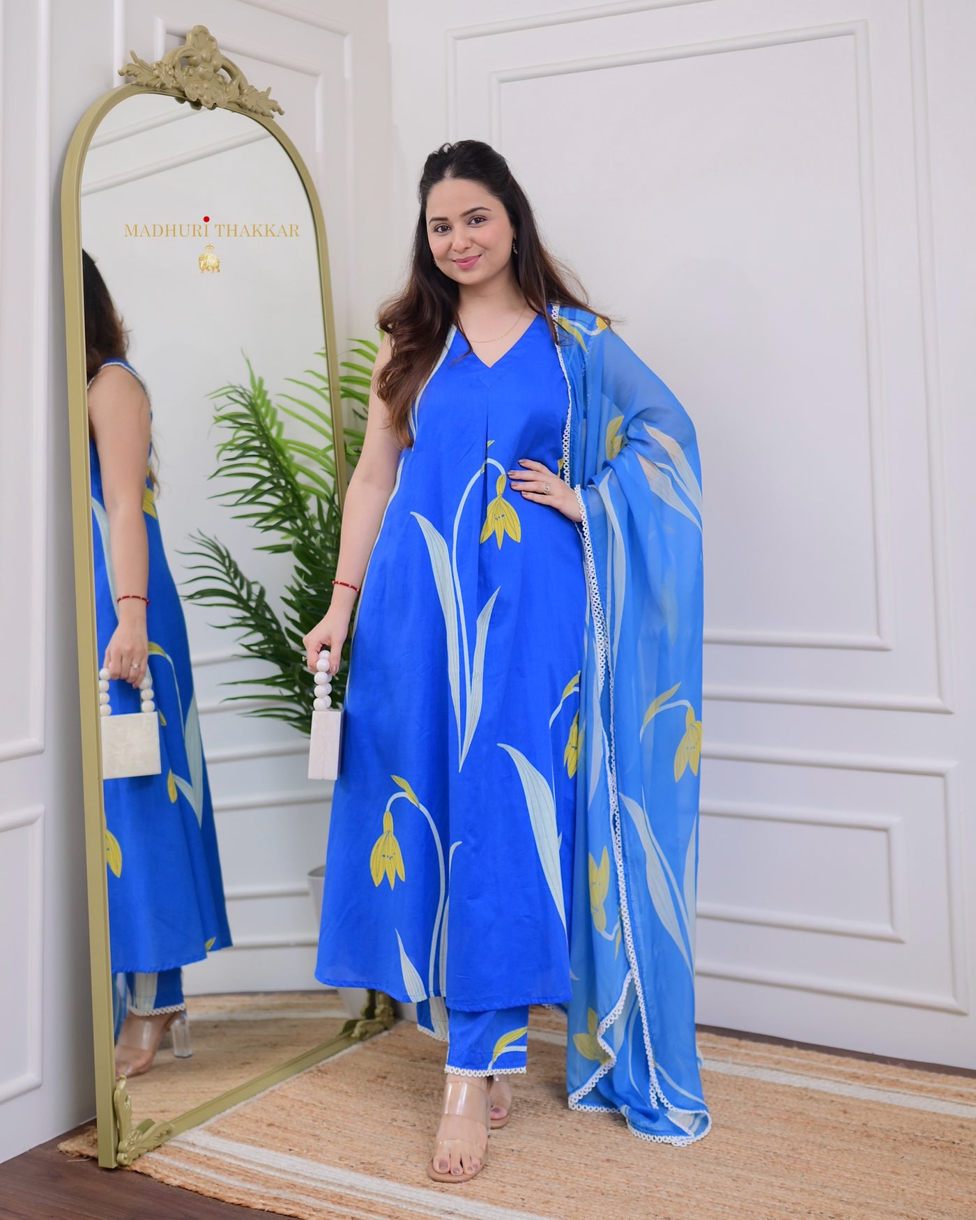 Blue A Line Floral Premium Cotton Suit