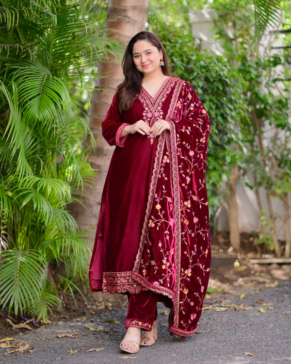 Maroon Thread Embroidered Premium Velvet Suit