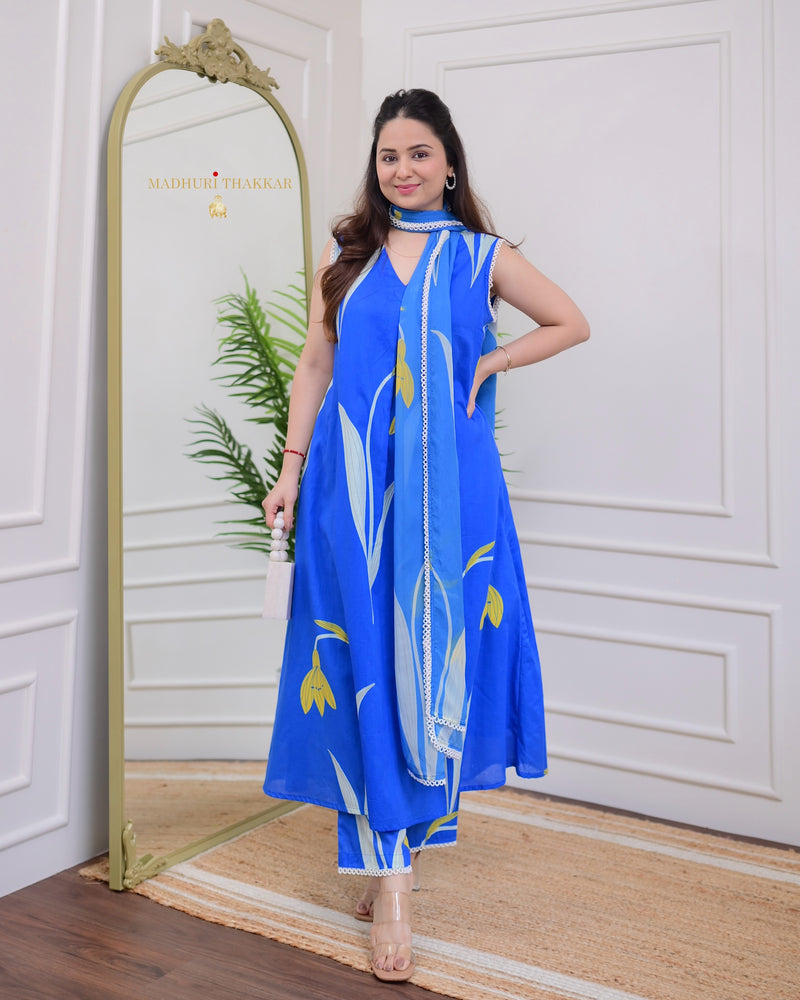 Blue A Line Floral Premium Cotton Suit