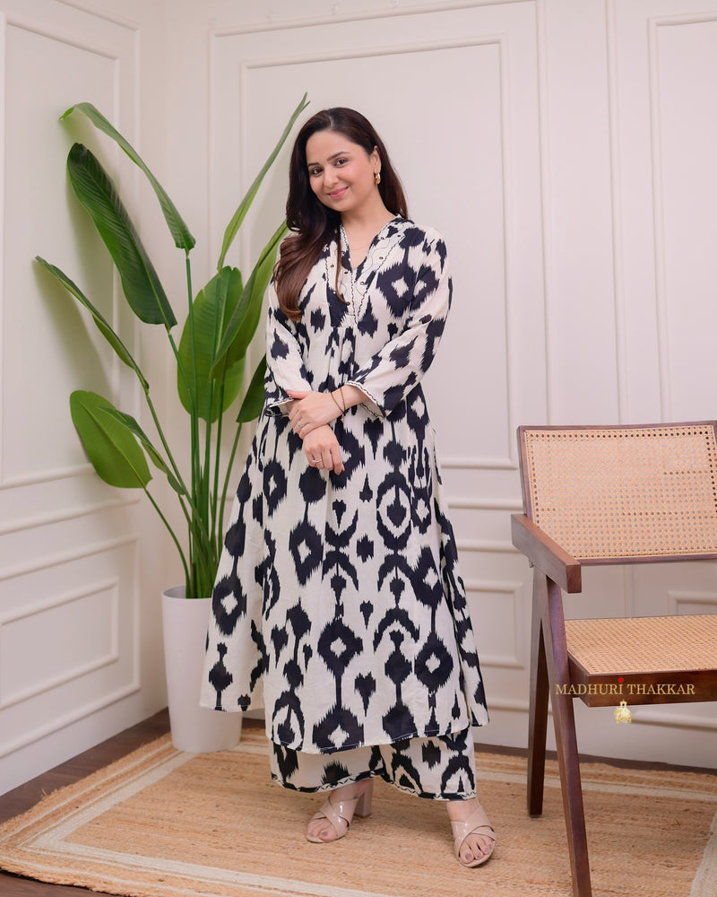 Black White Baroque Kantha Cotton Palazzo Set
