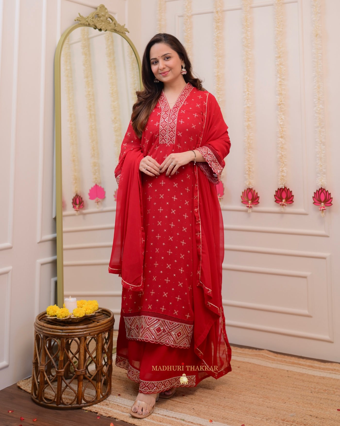 Red Handwork Georgette Festive Sharara Set