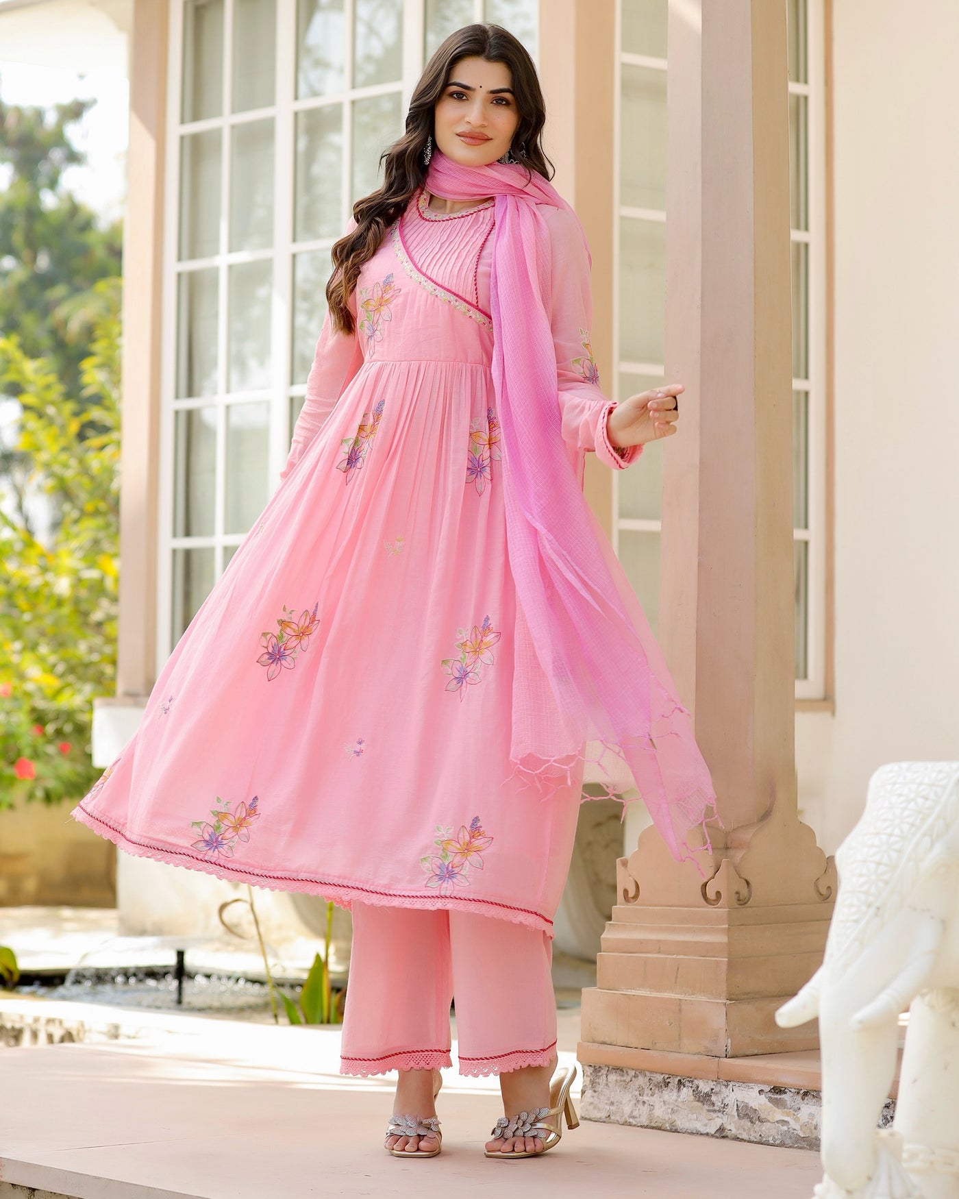 Rosy Bloom Meadow Mul Cotton A Line Threadwork Suit