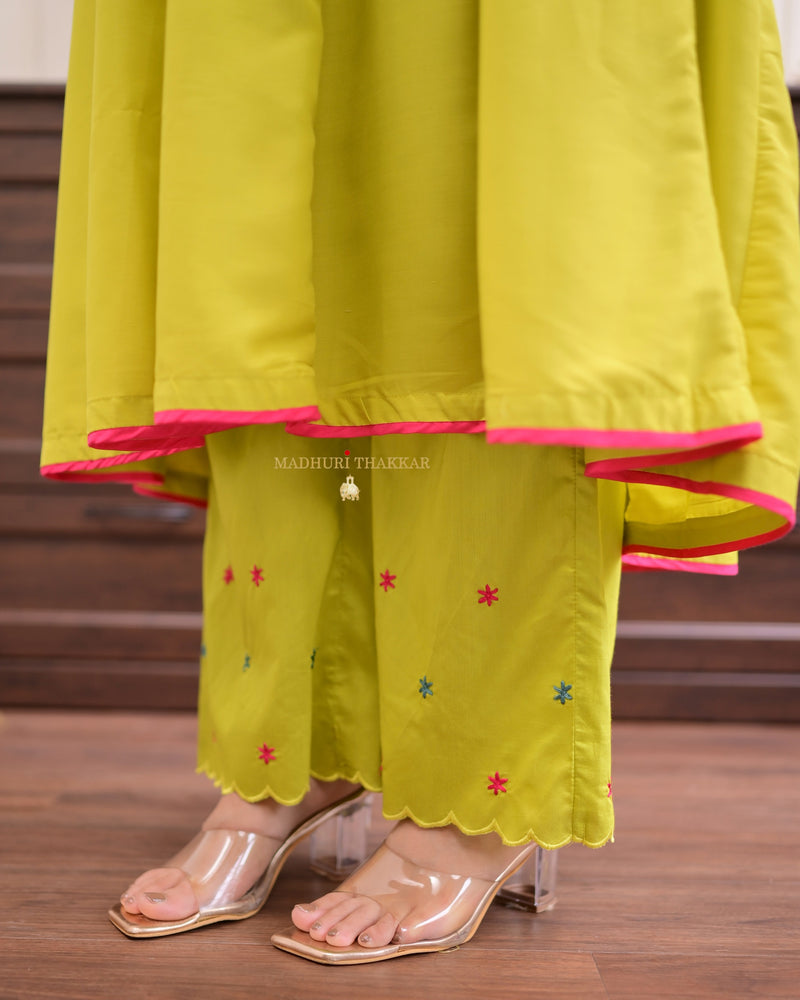 Greenish Yellow Handwork Muslin Anarkali