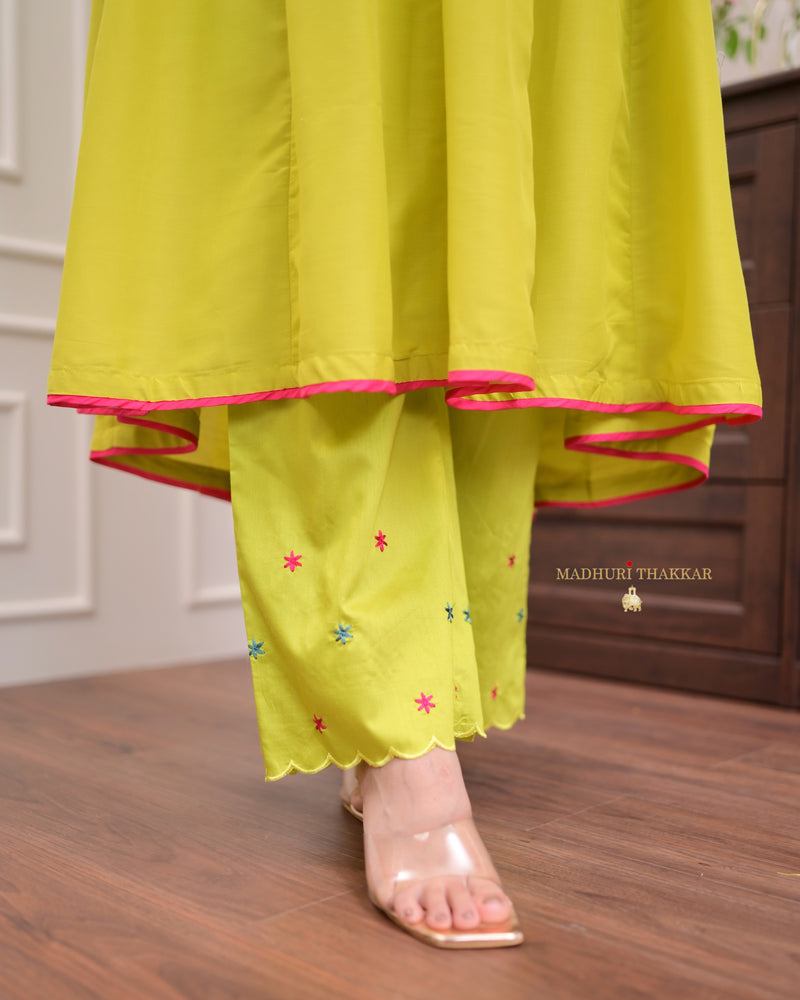 Greenish Yellow Handwork Muslin Anarkali