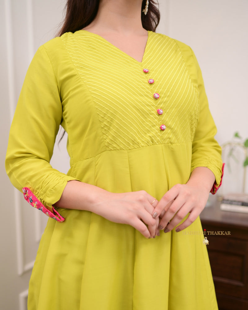 Greenish Yellow Handwork Muslin Anarkali