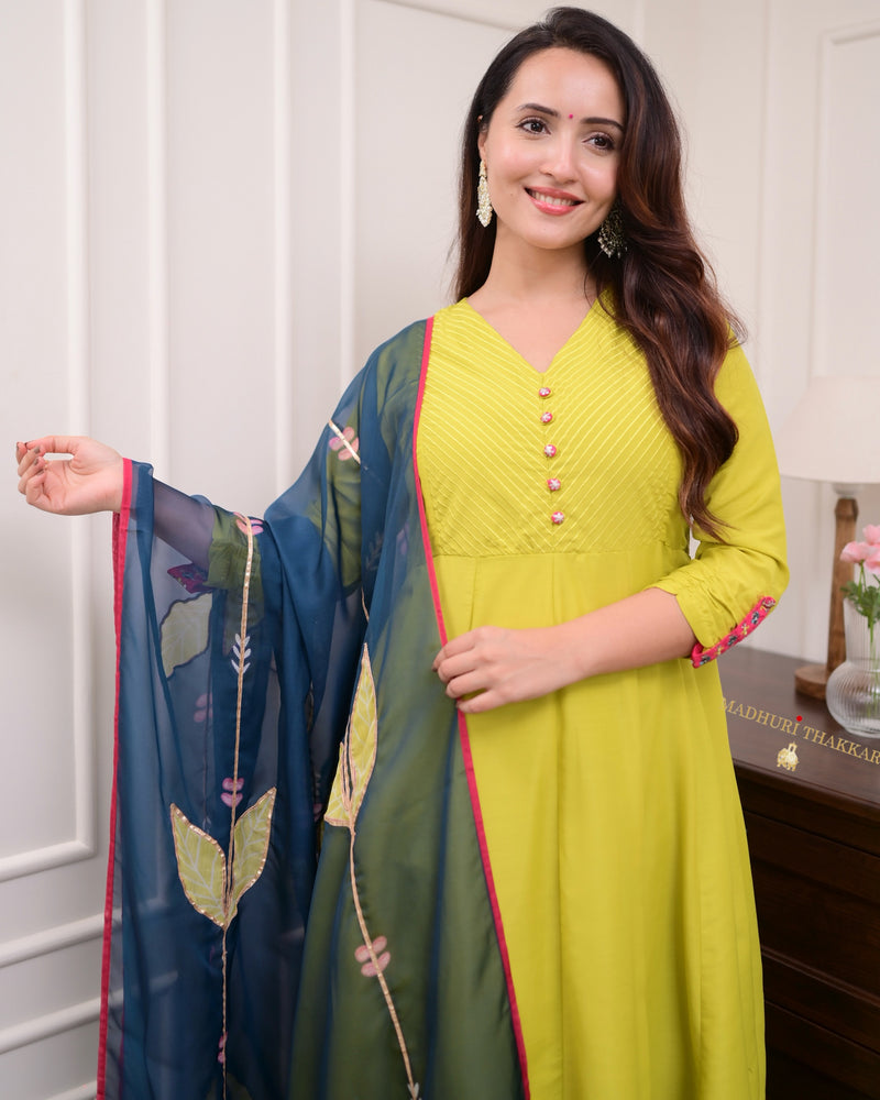 Greenish Yellow Handwork Muslin Anarkali