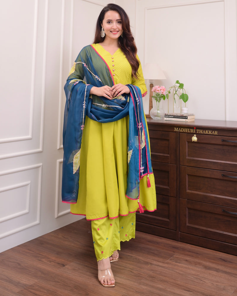 Greenish Yellow Handwork Muslin Anarkali