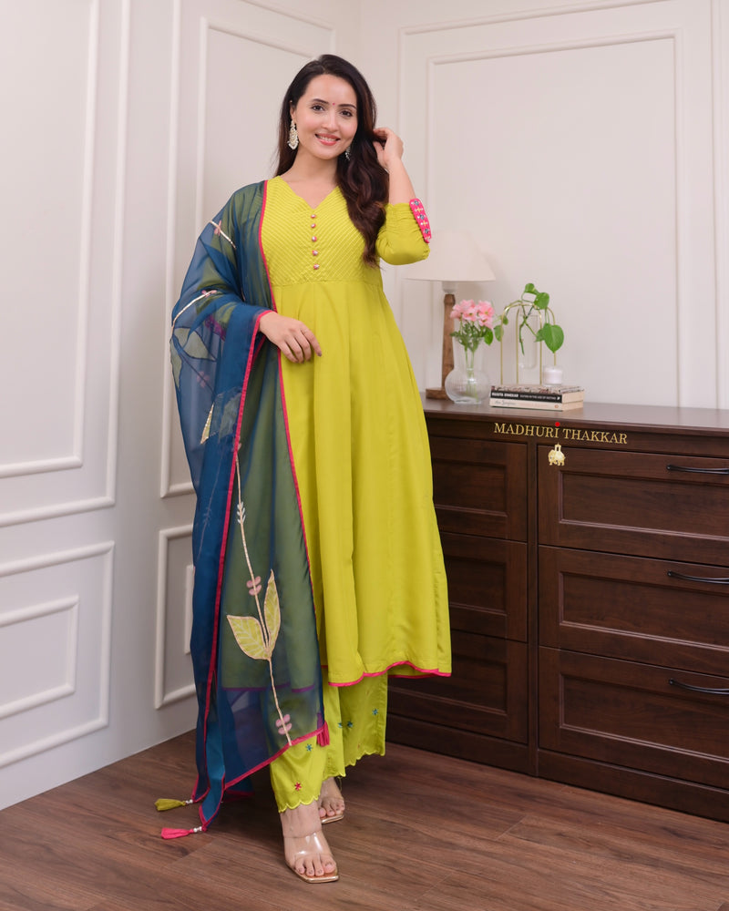 Greenish Yellow Handwork Muslin Anarkali