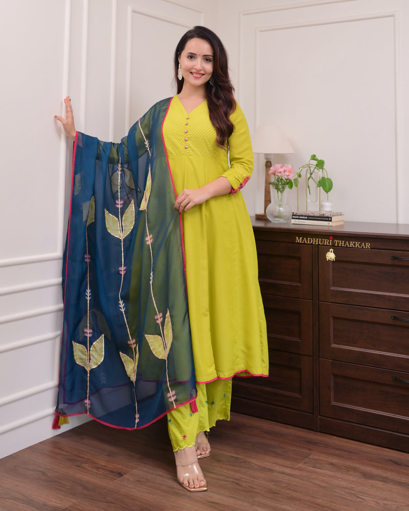 Greenish Yellow Handwork Muslin Anarkali