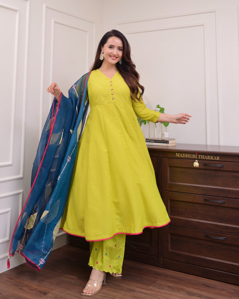Greenish Yellow Handwork Muslin Anarkali
