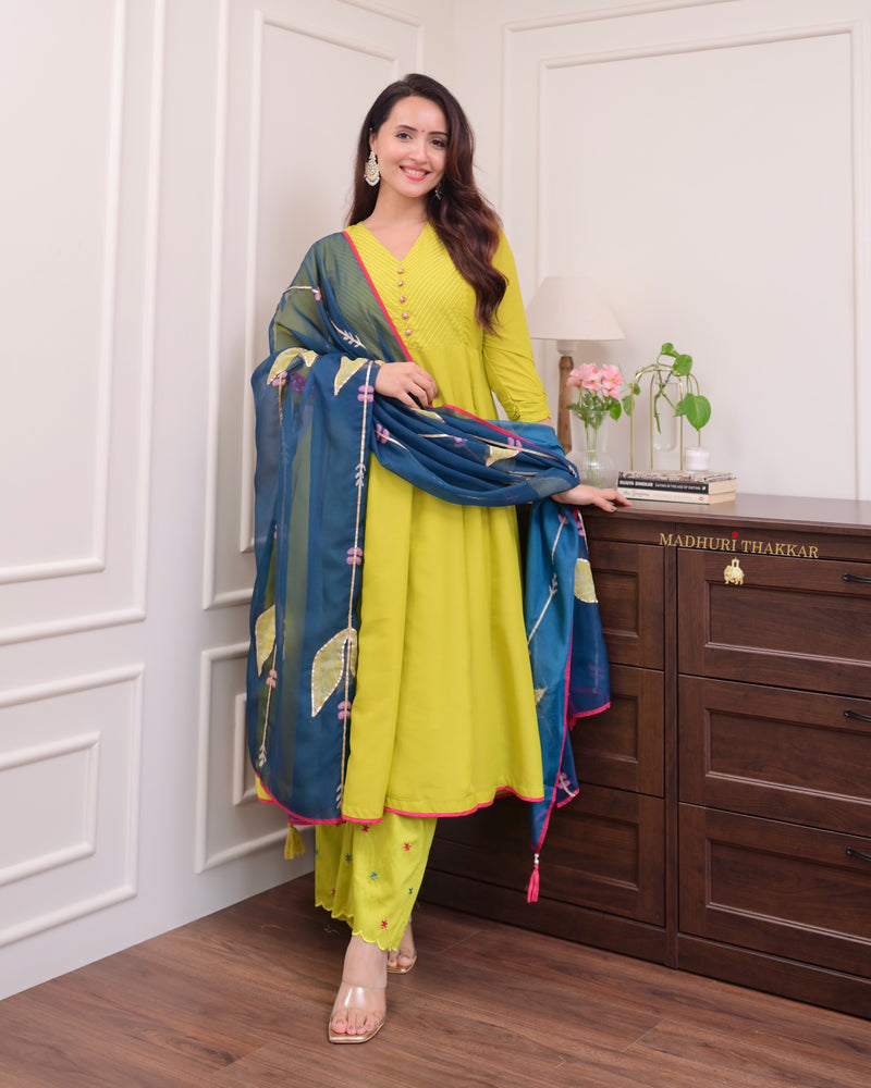 Greenish Yellow Handwork Muslin Anarkali