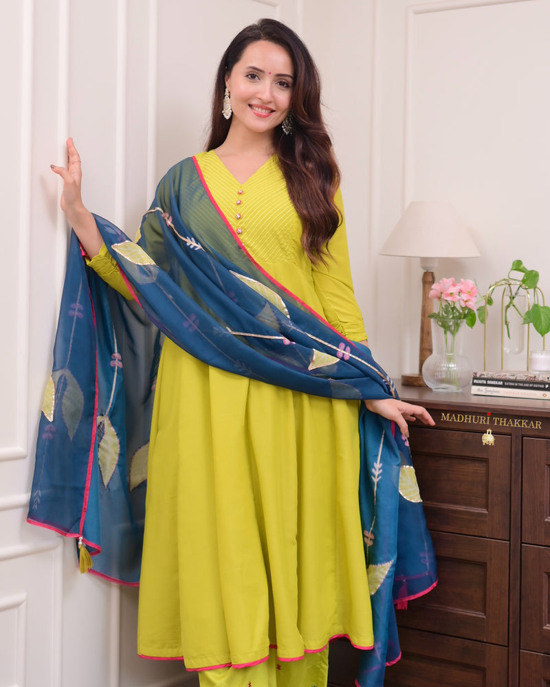 Greenish Yellow Handwork Muslin Anarkali