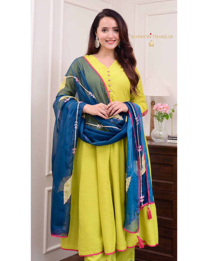 Greenish Yellow Handwork Muslin Anarkali