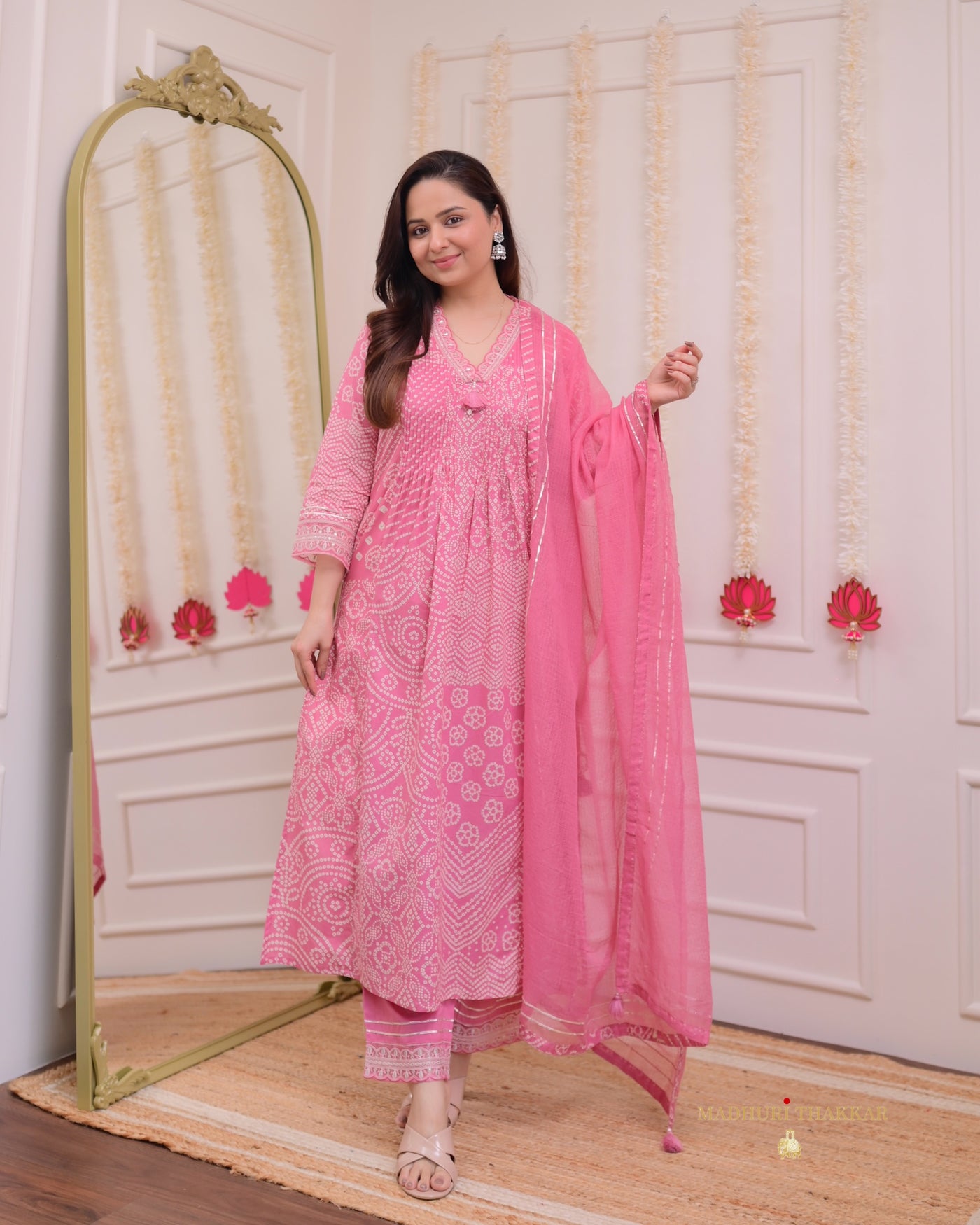 Pink Bandhani Handwork Cotton A Line Suit