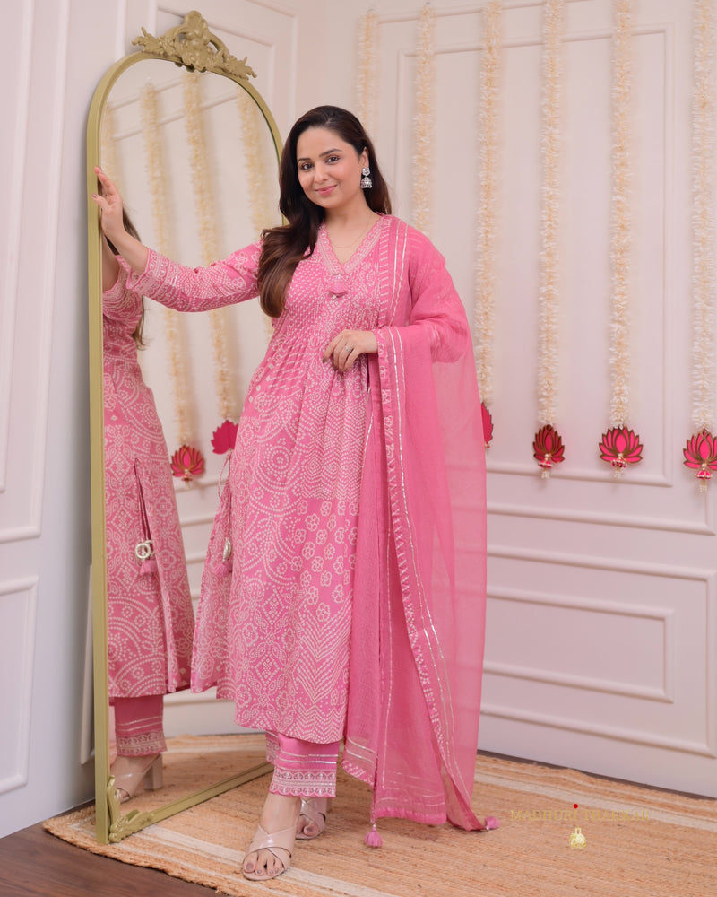 Pink Bandhani Handwork Cotton A Line Suit