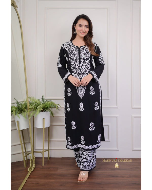 Black Cotton Chikankari Kurta Palazzo Set