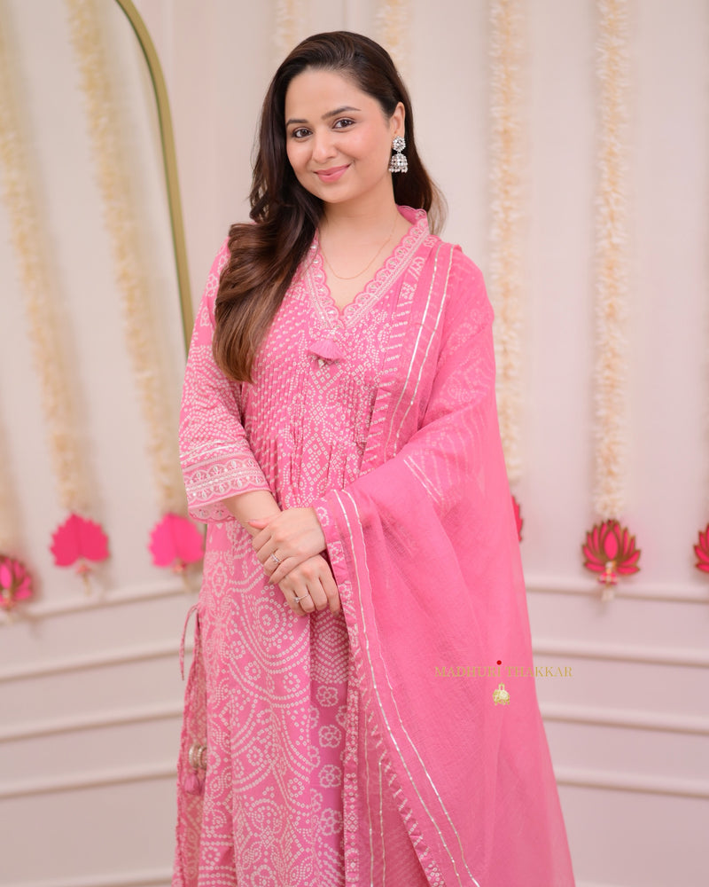 Pink Bandhani Handwork Cotton A Line Suit