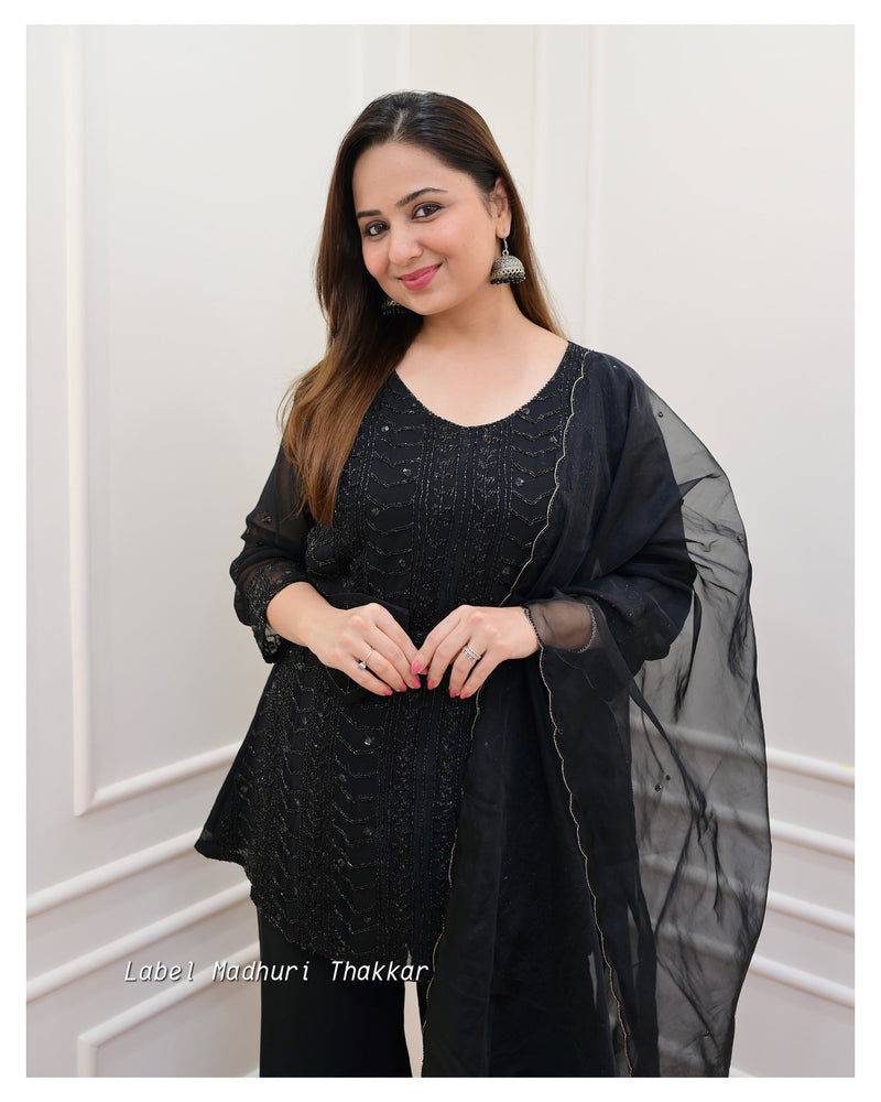 Black Chinnon Handwork Sharara Set