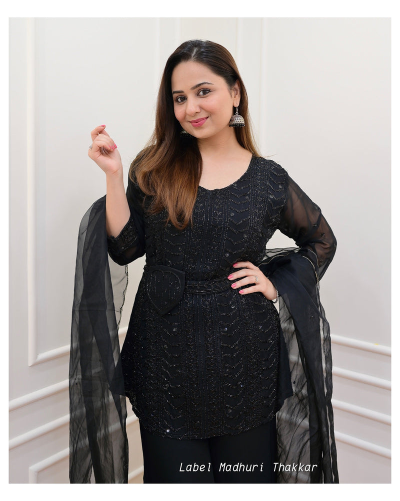 Black Chinnon Handwork Sharara Set