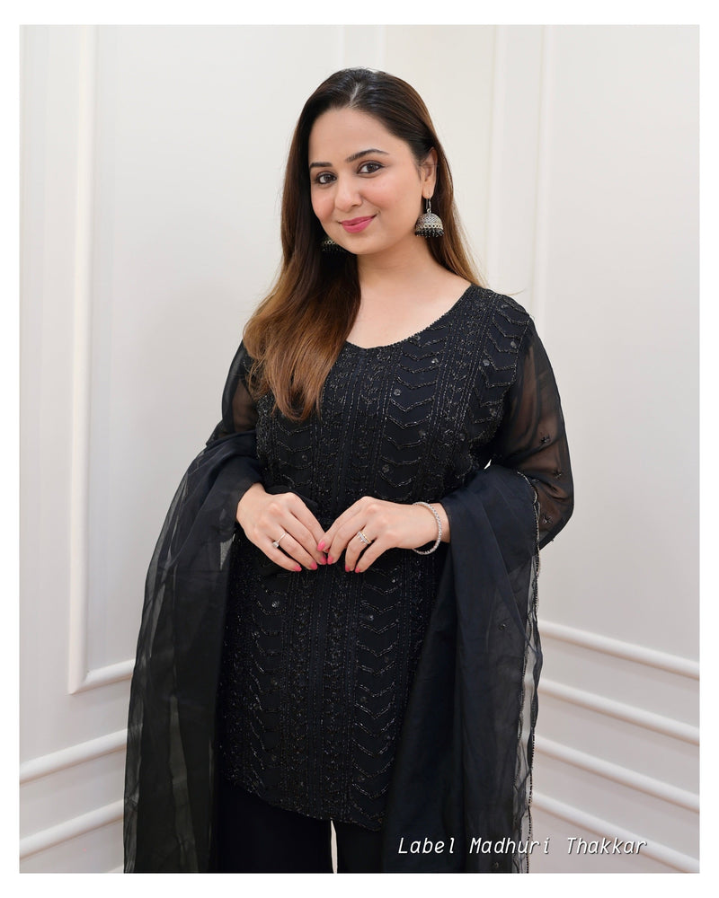 Black Chinnon Handwork Sharara Set