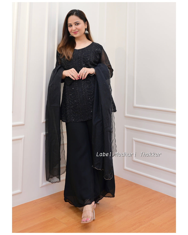 Black Chinnon Handwork Sharara Set