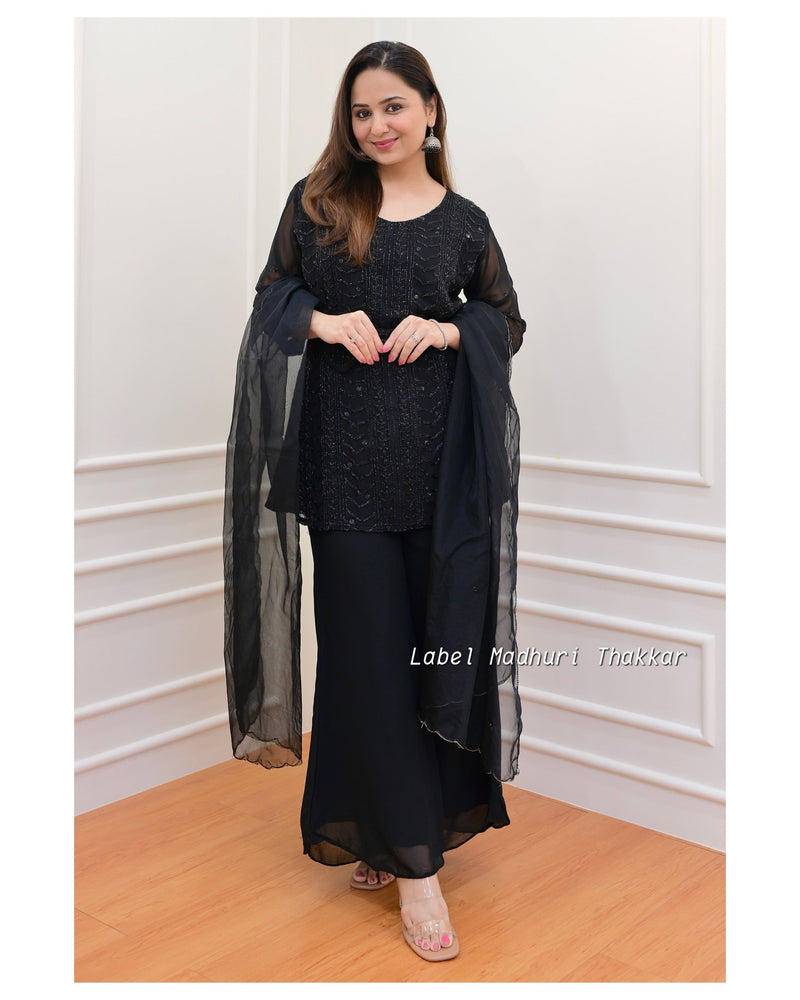 Black Chinnon Handwork Sharara Set