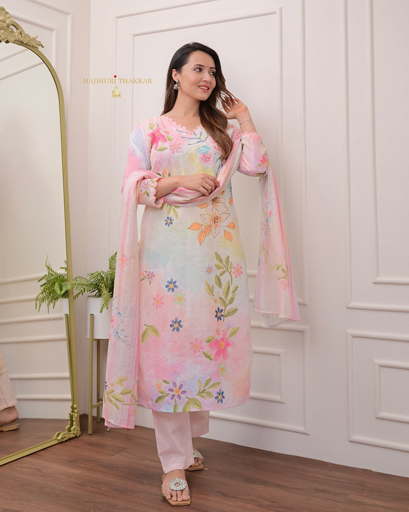 Pastel Floral Schiffli Handwork Linen Suit