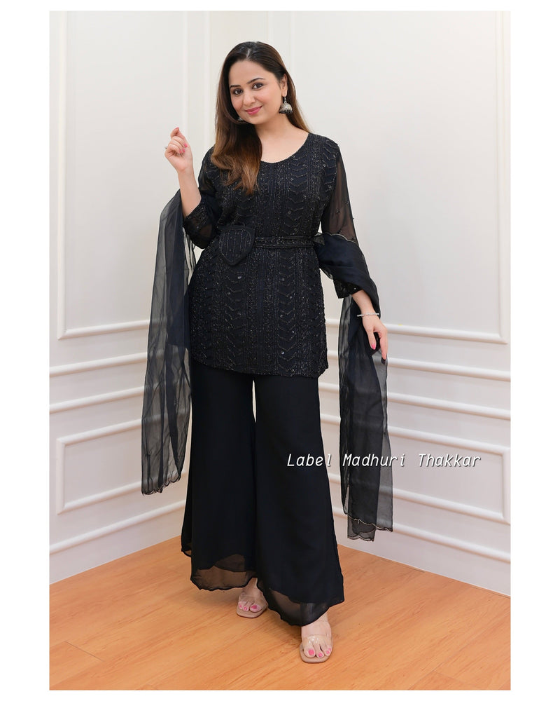 Black Chinnon Handwork Sharara Set