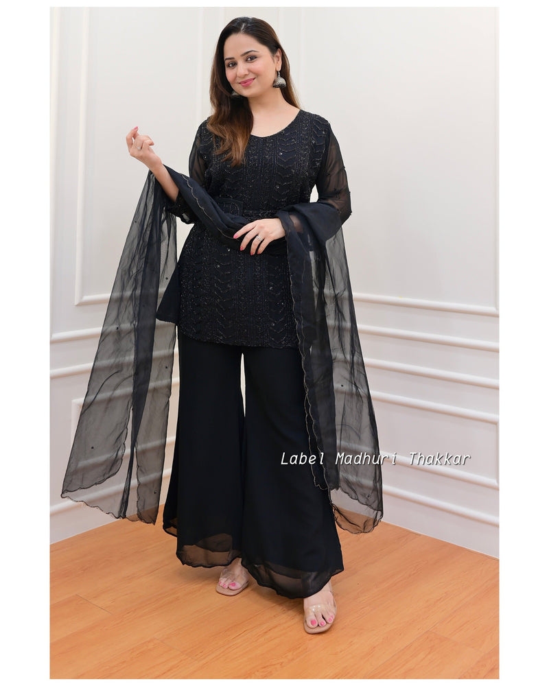 Black Chinnon Handwork Sharara Set