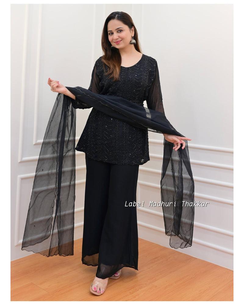 Black Chinnon Handwork Sharara Set