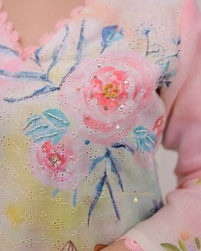 Pastel Floral Schiffli Handwork Linen Suit