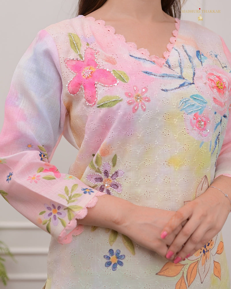 Pastel Floral Schiffli Handwork Linen Suit