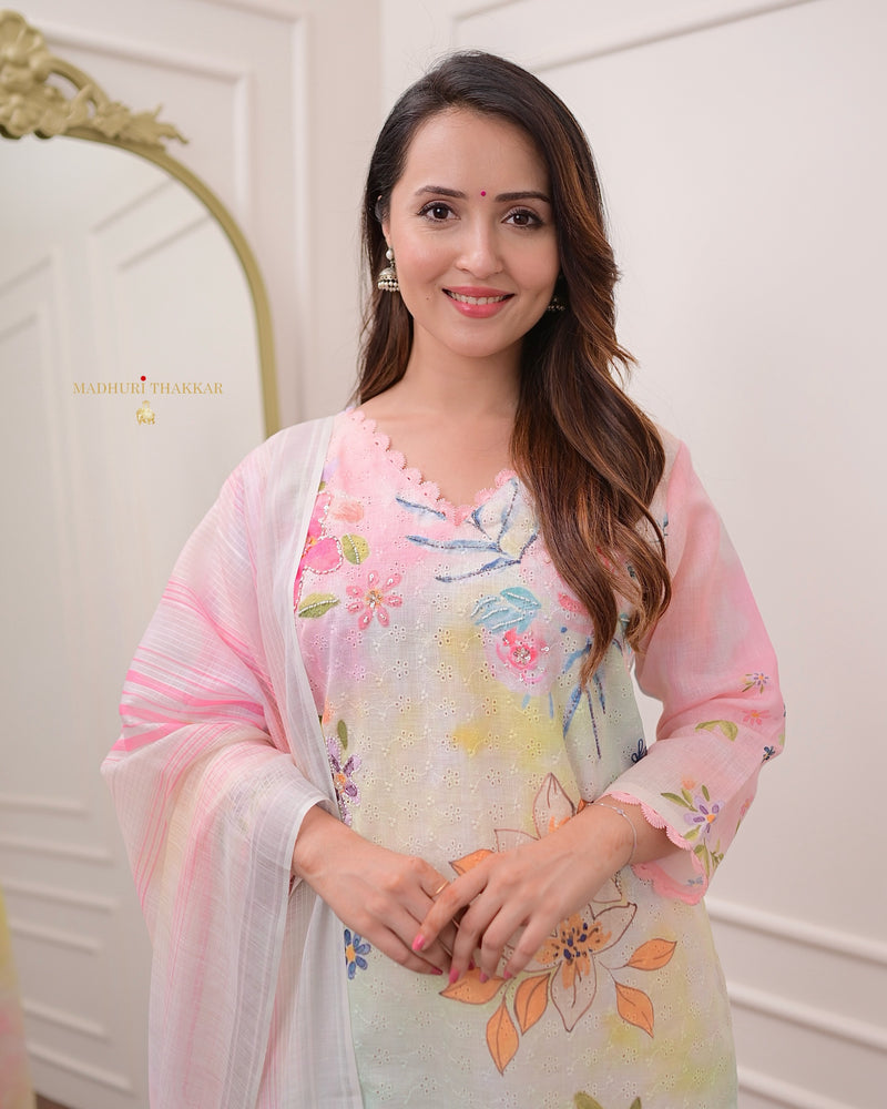 Pastel Floral Schiffli Handwork Linen Suit