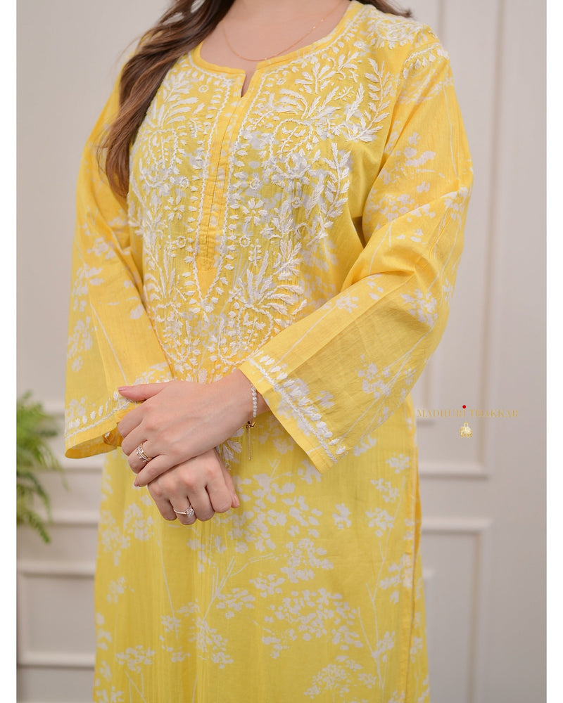 Yellow Chikankari Mul Cotton Kurti