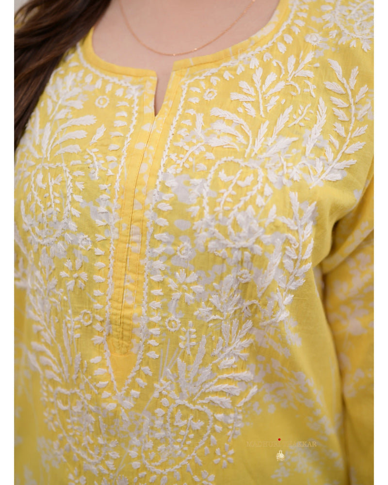 Yellow Chikankari Mul Cotton Kurti